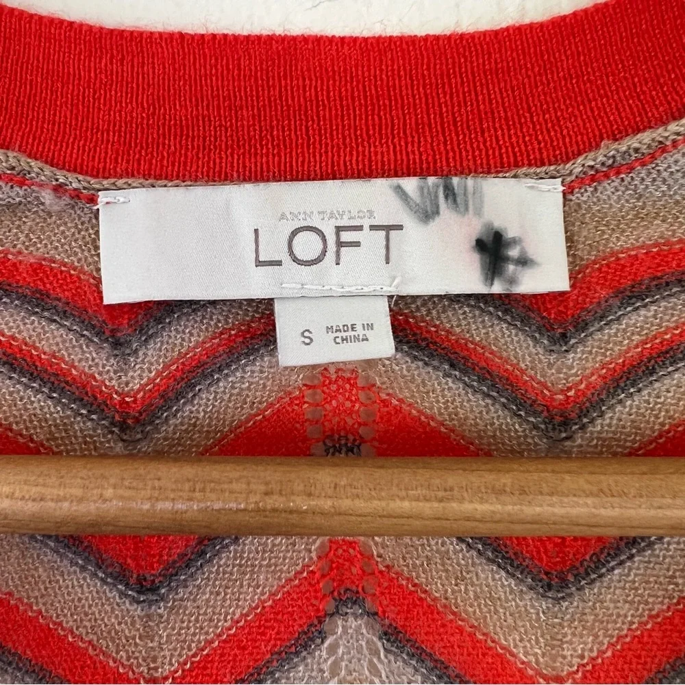 LOFT Orange Wool Blend Chevron Printed Lightweight Buttoned Cardigan Sweater - Picture 9 of 12